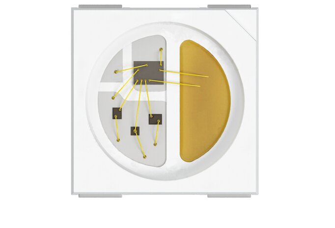 Schematischer Aufbau eines adressierbaren RGBW-Pixels mit integriertem Mikrocontroller-IC